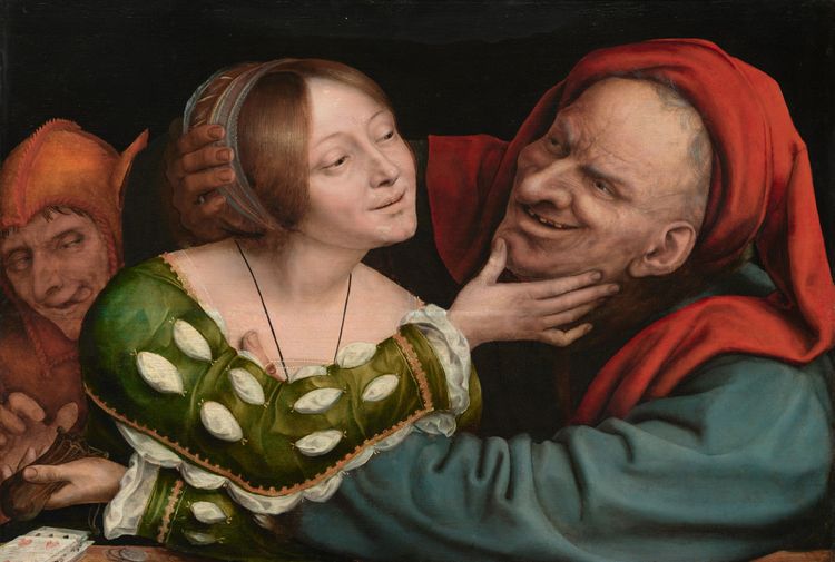 An oil painting of an ugly man attempting to hug and grope a woman while she hands his wallet to a sneaky man behind her